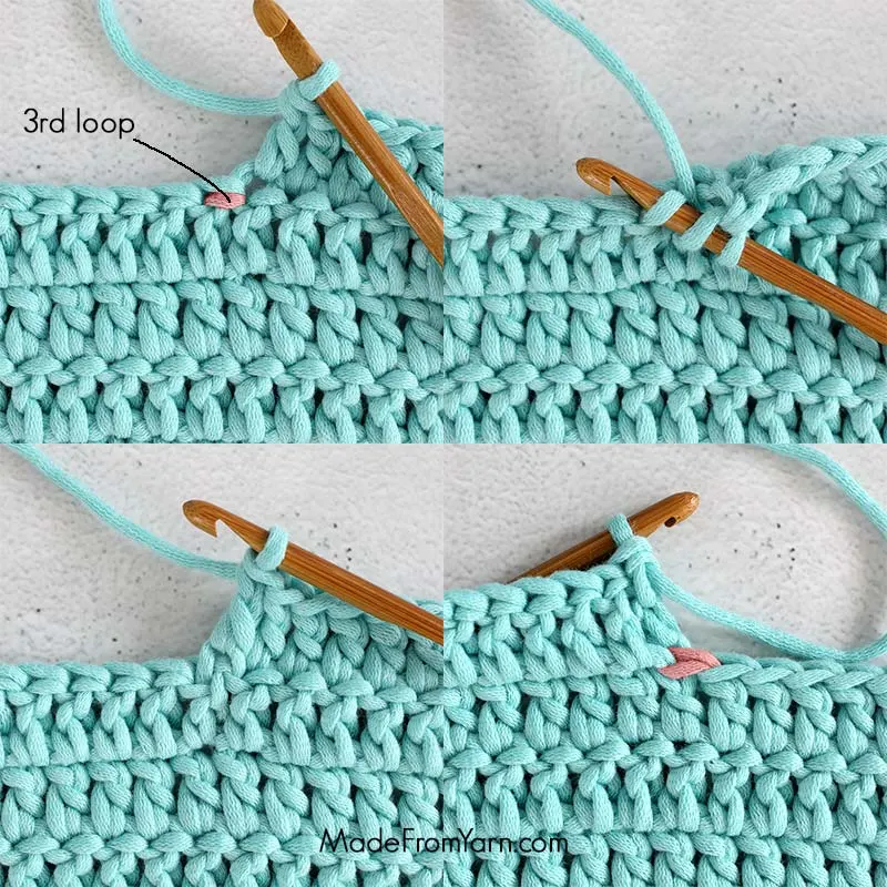 how to crochet dc 3rd loop, double crochet in third loop.