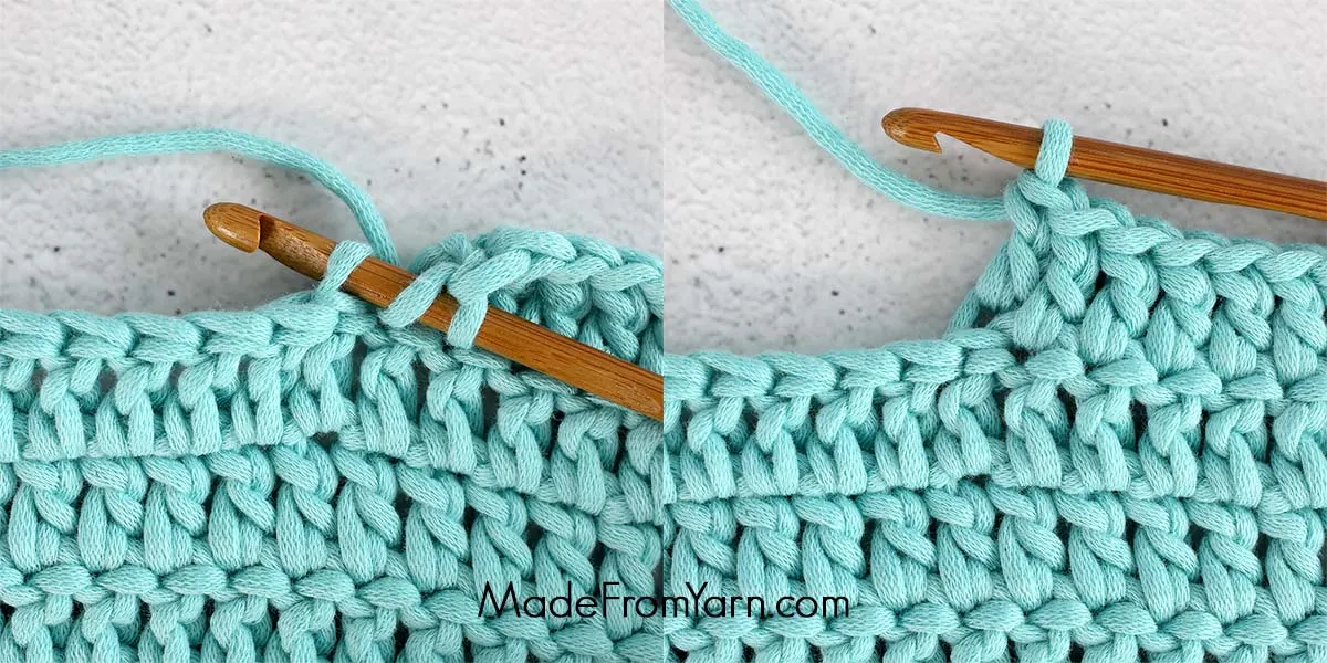 how to crochet dc blo, double crochet in back loop only.
