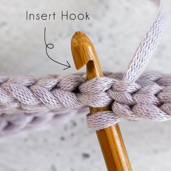 insert hook into the top loops of crochet stitch