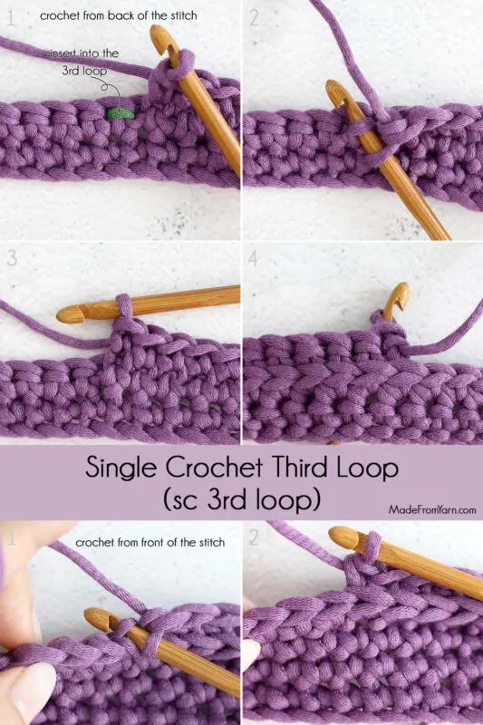 3rd loop of a single crochet stitch, how to crochet from back of the stitch and front of the stitch