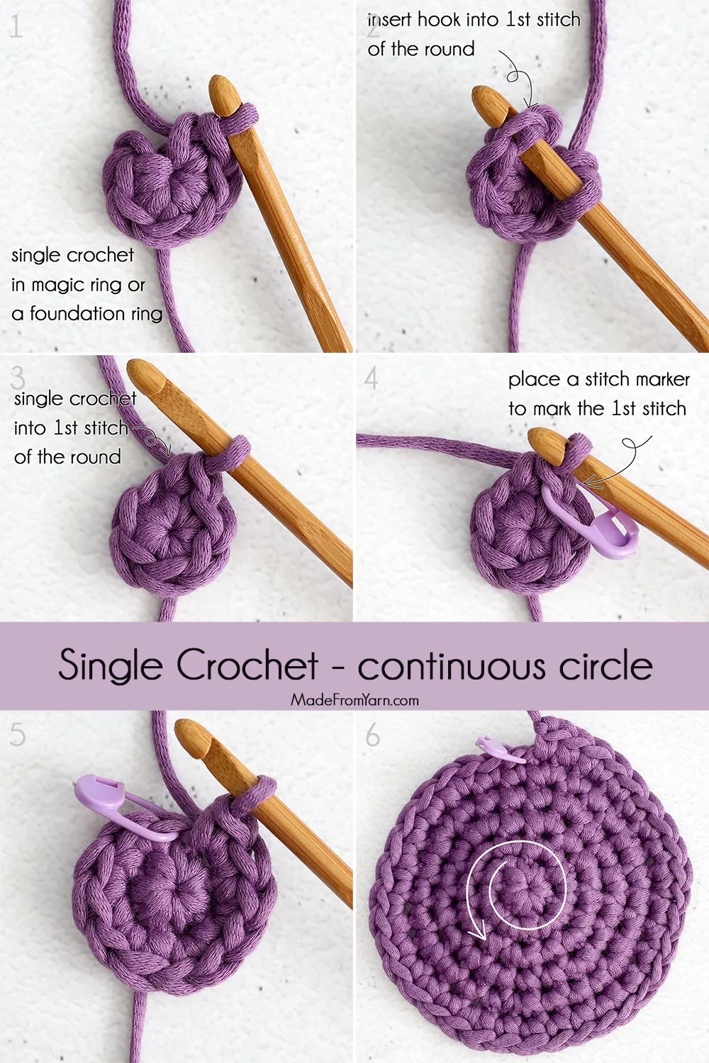 learn how to make a spiral continuous round with single crochet stitches