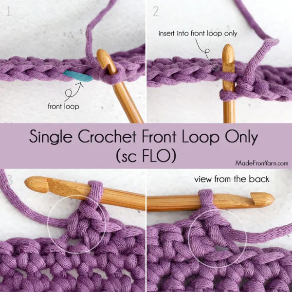 learn how to crochet single crochet in front loop only, sc FLO
