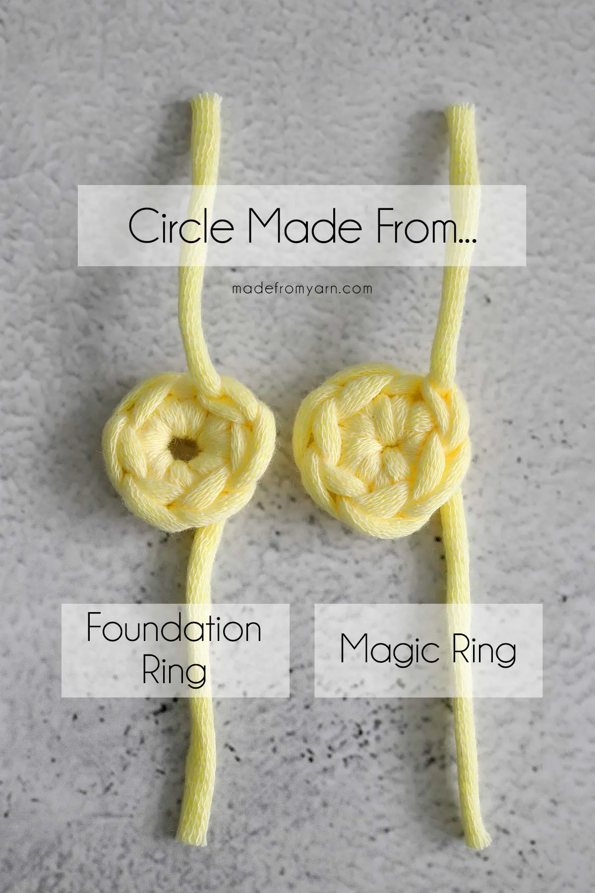 This is a side-by-side comparison of a crochet circle that begins with a magic ring and a foundation ring. Magic rings produce a tightly closed center, which is more appealing for some projects.