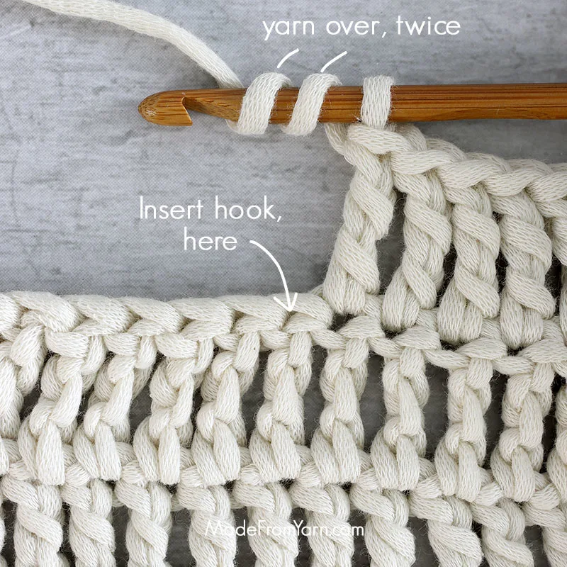 how to crochet tr stitch step 1, yarn over twice and insert hook into next stitch