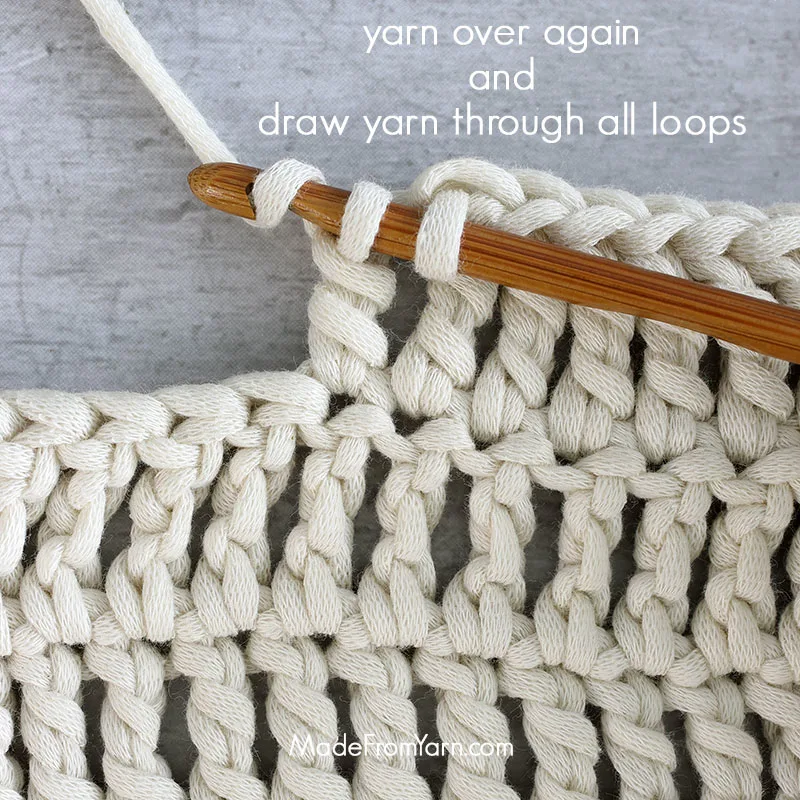 how to crochet tr stitch step 8, yo for the last time and draw through the remaining two loops