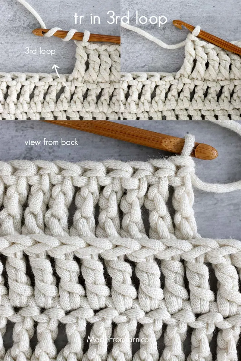 how to crochet tr 3rd loop, treble crochet in third loop.