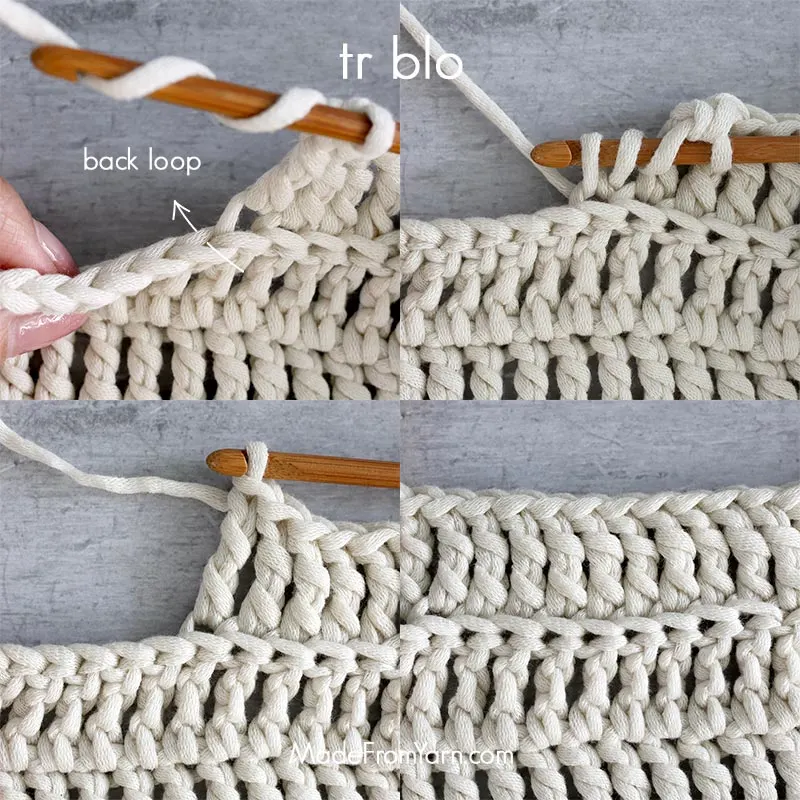 how to crochet tr blo, treble crochet in back loop only