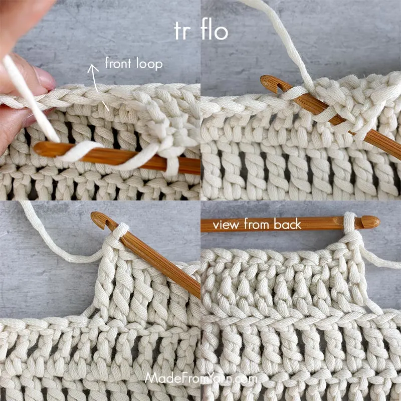how to crochet tr flo, treble crochet in front loop only.
