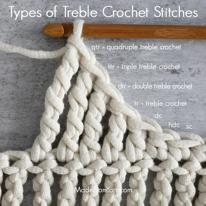 types of treble crochet stitches, quadruple treble crochet (qtr), triple treble crochet (ttr), double treble crochet (dtr), treble crochet (tr)