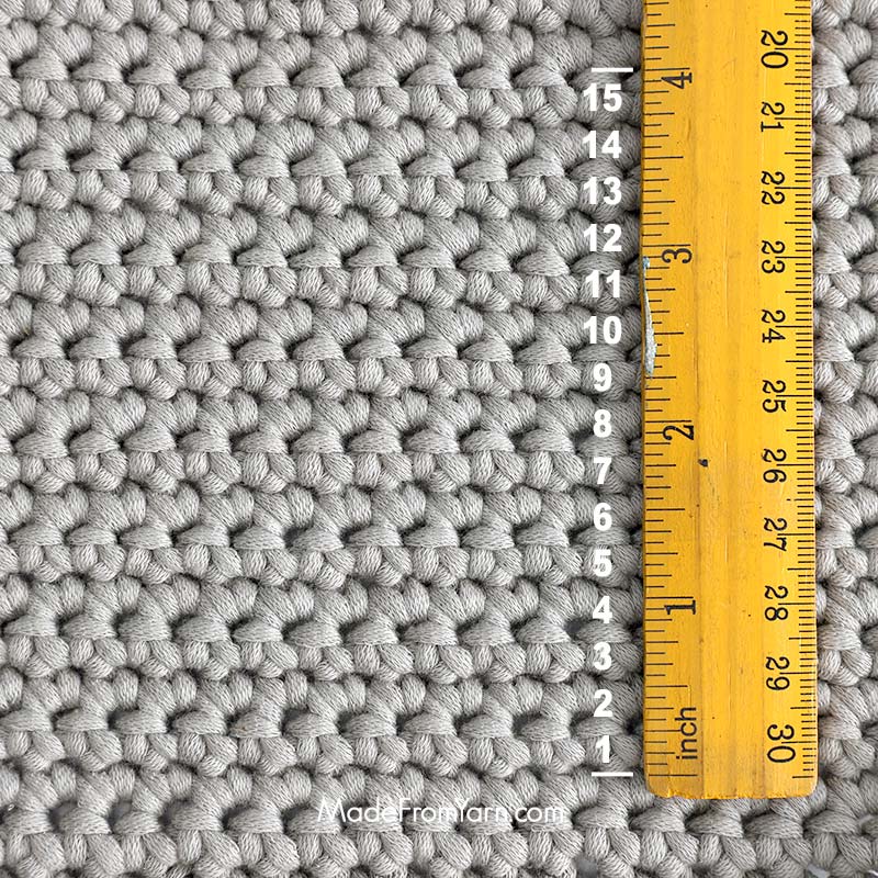 One of the most common ways to determine the gauge of a crochet project is by using the 4" x 4" basic gauge method. This procedure requires making a small sample swatch and counting the number of stitches and rows within a 4-inch by 4-inch (10 cm by 10 cm) square.