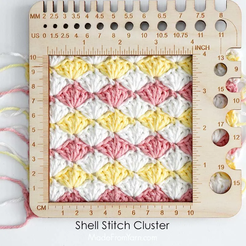 Shell Stitch: A cluster of 5-7 stitches that create a scalloped or shell-like pattern.