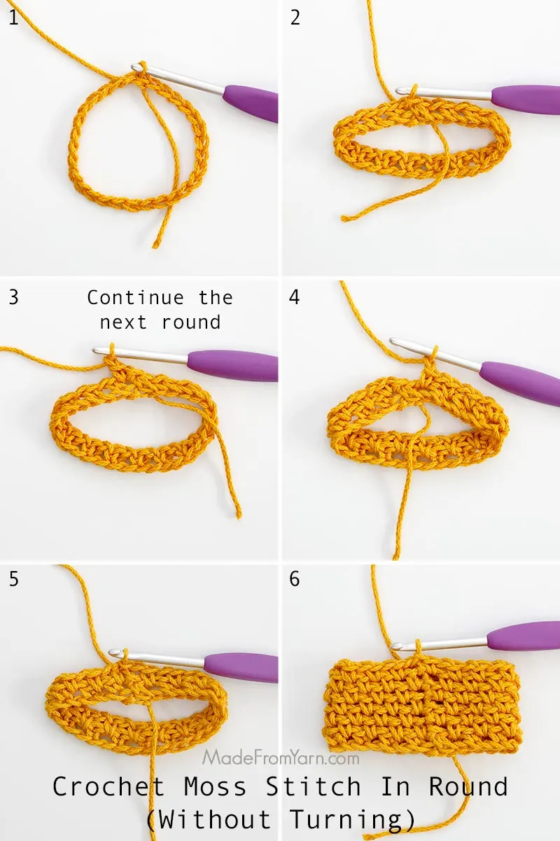 Learn how to crochet moss stitch with this step-by-step tutorial, in rounds (without turning). It's a popular stitch used in many crochet patterns.