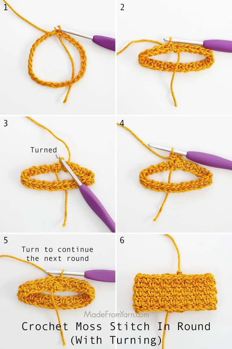Learn how to crochet moss stitch with this step-by-step tutorial, in rounds (with turn). It's a popular stitch used in many crochet patterns.
