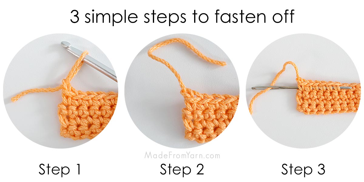 Learn how to fasten off crochet projects in 3 simple steps! This guide also includes tips & instructions on how to finish different types of crochet work.