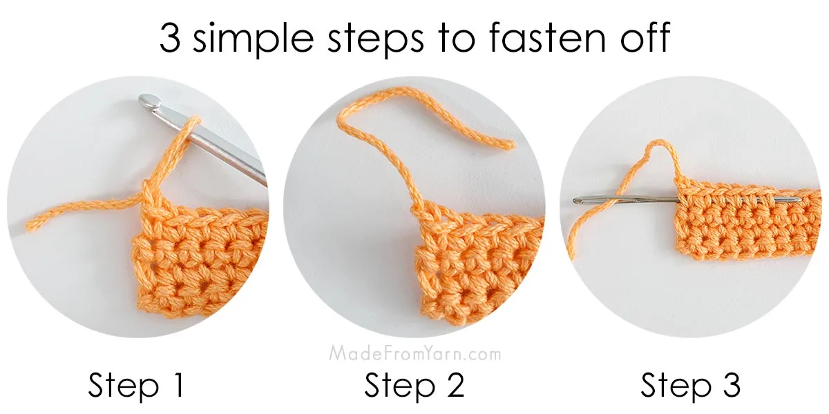 Learn how to fasten off crochet projects in 3 simple steps! This guide also includes tips & instructions on how to finish different types of crochet work.