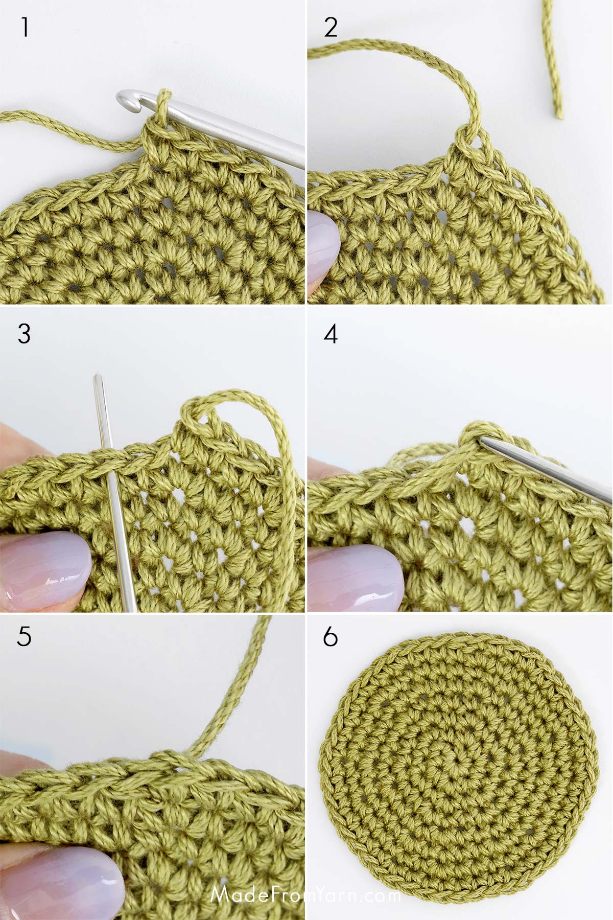 Learn how to fasten off round crochet projects in 3 simple steps! This guide also includes tips & instructions on how to finish different types of crochet work.