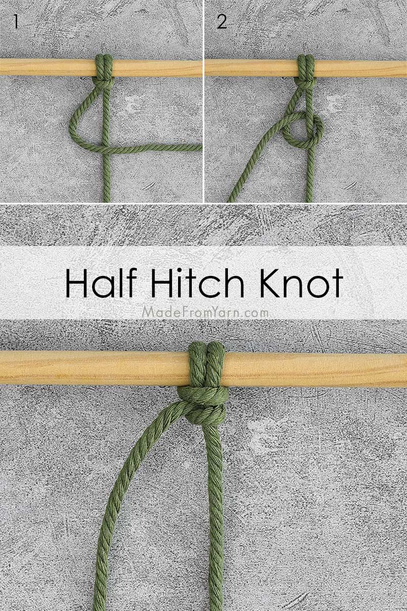 Half-Hitch knot is very straightforward to learn in macrame. It involves making a loop and tightening it. It works as a base for other knots to be incorporated.