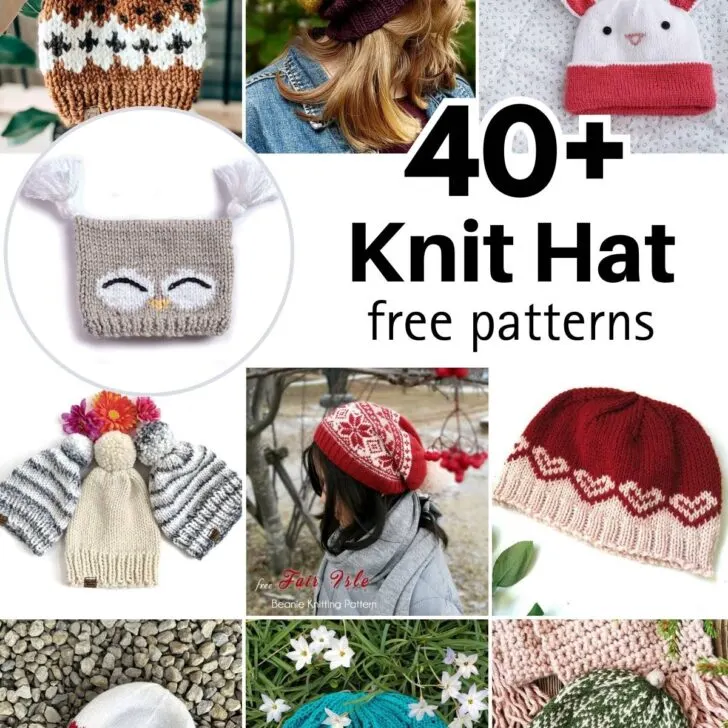Knit a hat or a beanie here with our curated list of free knit hat patterns! Ranging from simple beanie designs, to fluffy bucket hats to keep you warm.