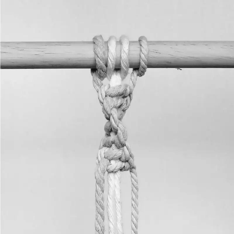 Like the Square Knot, the Spiral knot is effortless and pretty much made with half-square knots. It can be made either left-facing or right-facing, depending on your preference. However, though the knotting process is identical to the Square Knots, you’ll be knotting in the same direction to create a spiral effect. You’ll need to prepare 4 cords, where the two outer left and right cords will be the working cords, and the middle two cords will be the filler cords.