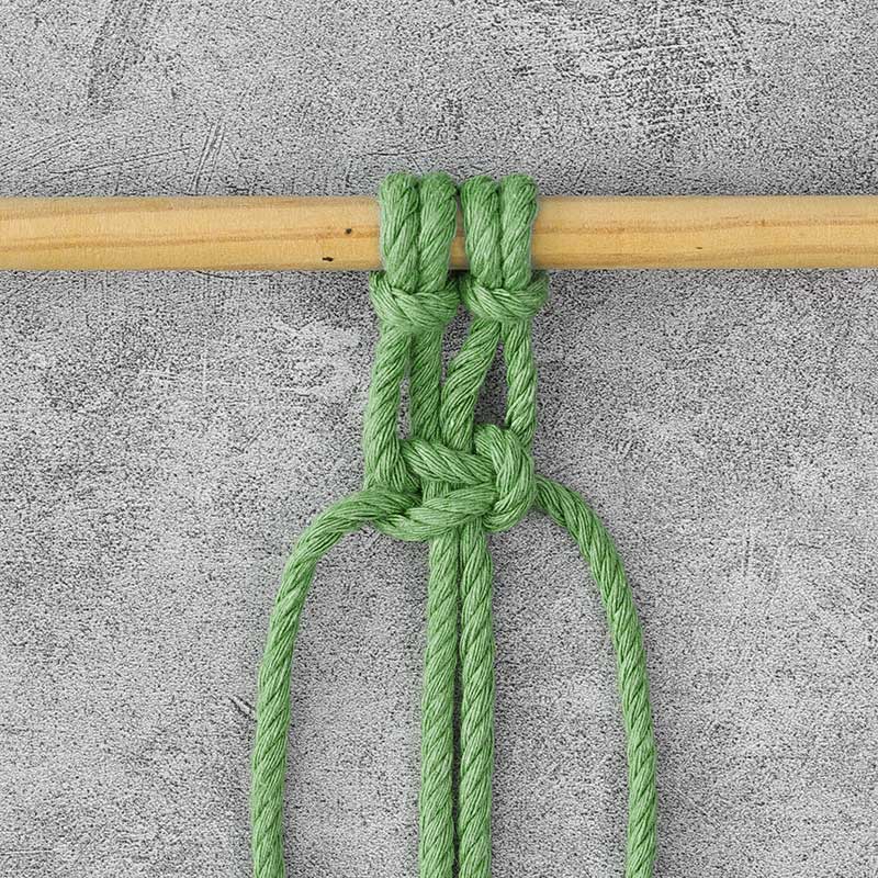 Square knots are another easy, simple, and versatile knot you can master. It's used in almost every pattern out there, and they are made with four cords. Each square knot consists of two half-squares, which can be done left-facing or right-facing. In this tutorial, we will be demonstrating a right-facing technique. 