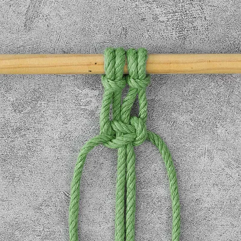 Square knots are another easy, simple, and versatile knot you can master. It's used in almost every pattern out there, and they are made with four cords. Each square knot consists of two half-squares, which can be done left-facing or right-facing. In this tutorial, we will be demonstrating a right-facing technique.