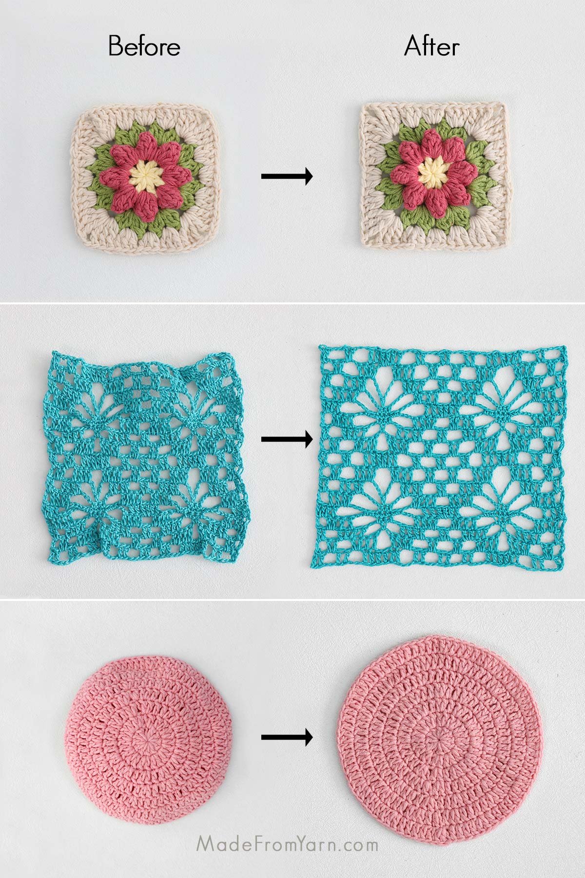 Blocking crochet projects softens the yarn fibers and helps reduce friction on the stitches. This makes it easier to straighten curling edges and smooth the fabric for an even finish.