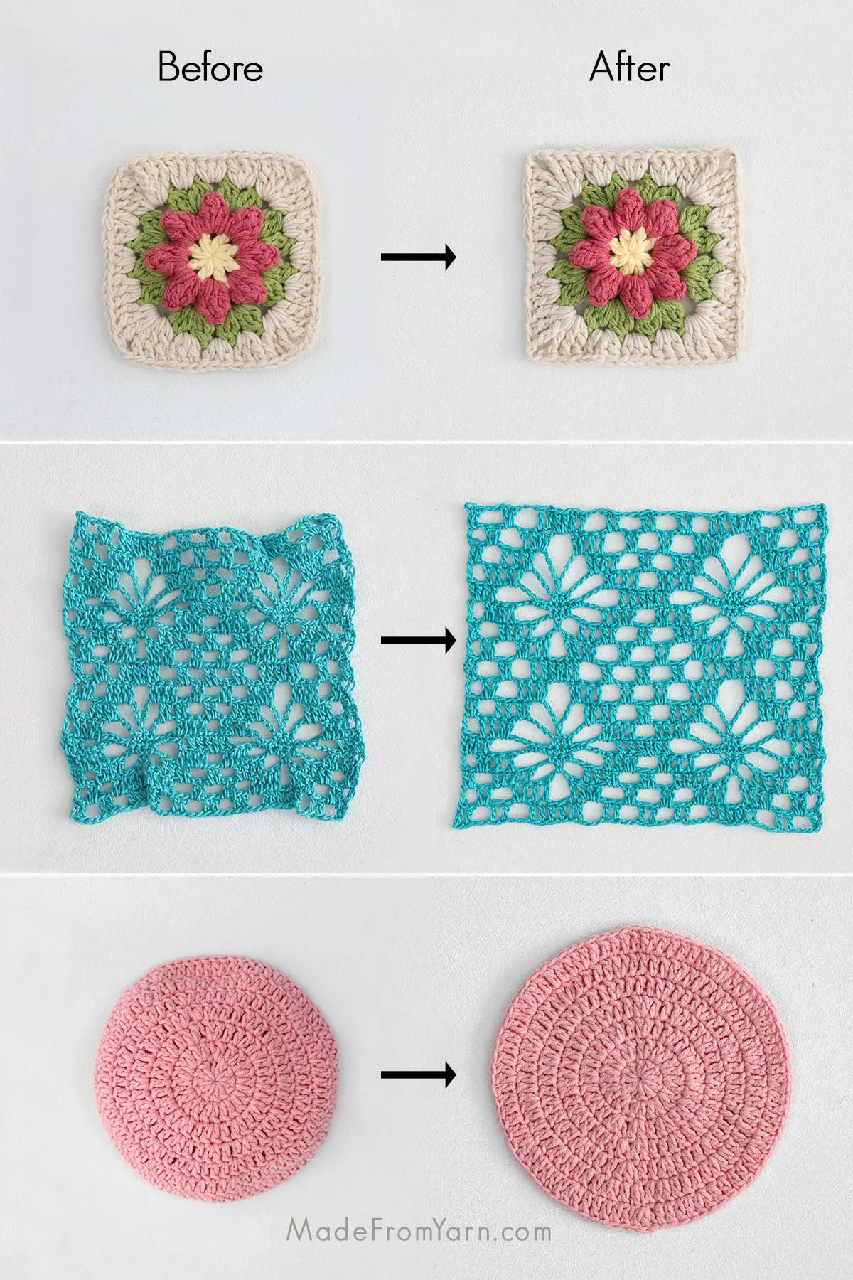 Blocking crochet projects softens the yarn fibers and helps reduce friction on the stitches. This makes it easier to straighten curling edges and smooth the fabric for an even finish.