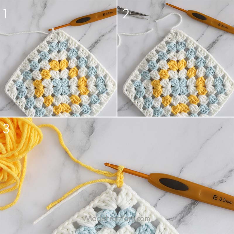 1. Complete the last stitch of the row or round.
2. Cut and fasten off the old yarn.
3. Start the next row or round with the new color by joining it at the first stitch.
