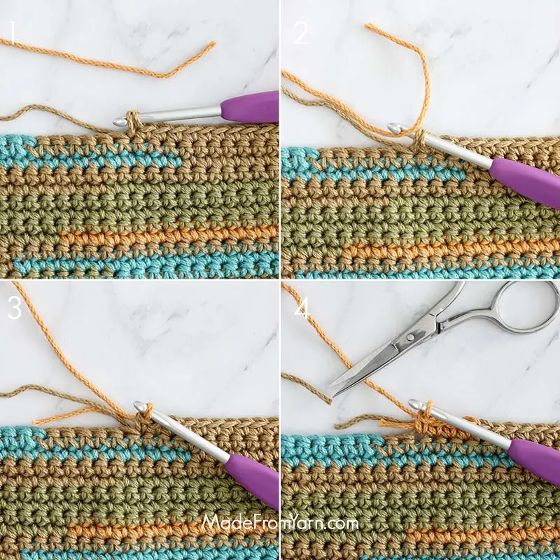 1. Work up to the last yarn over of the stitch.
2. Drop Color A and pick up Color B with your crochet hook.
3. Complete the stitch as normal with Color B. This is the start of your next stitch.
4. Work the next stitch over both Color A and Color B. If you're done with the Color A, crochet over both strands for a few stitches, then cut them to avoid weaving in ends later.