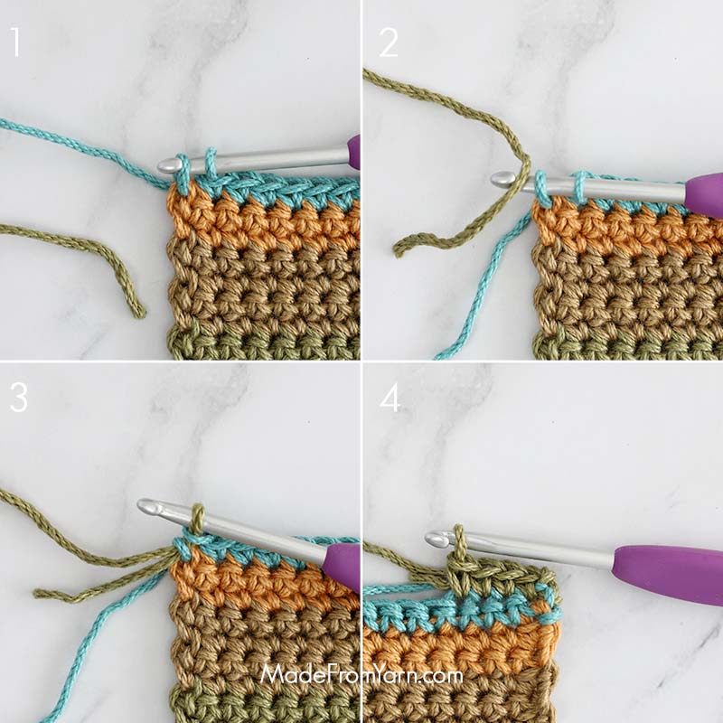 1. Work the last stitch of your row or round until the final yarn over.
2. Drop the old yarn and pick up the new color.
3. Complete the stitch by pulling through the loops with the new yarn.
4. Continue crocheting.
