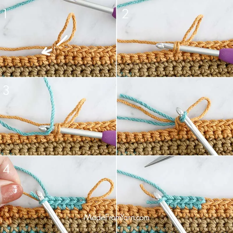 1. Finish the last stitch and pull the loop longer.
2. Insert your hook through the loops of the last stitch and
3. pull the new yarn through.
4. Continue crocheting the next stitch before undoing the old yarn.