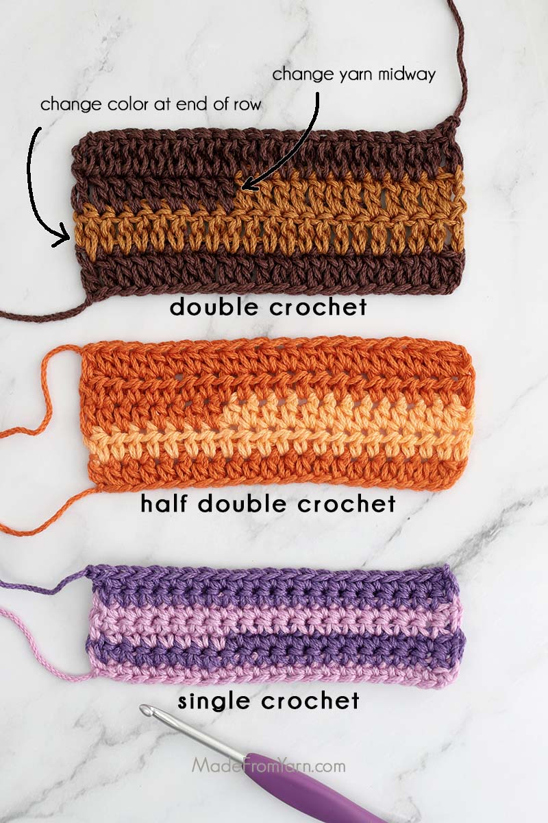 learn how to crochet colorwork in three separate pieces for three basic stitches; single crochet, half double crochet, and double crochet. 