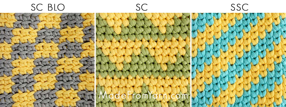 while single crochet in the two top loops is a staple, don’t forget that tapestry crochet works great with other stitches, too! You can use the back loop only (BLO), or Waistcoat Stitch (Ws) (Split Single Crochet, SSC).