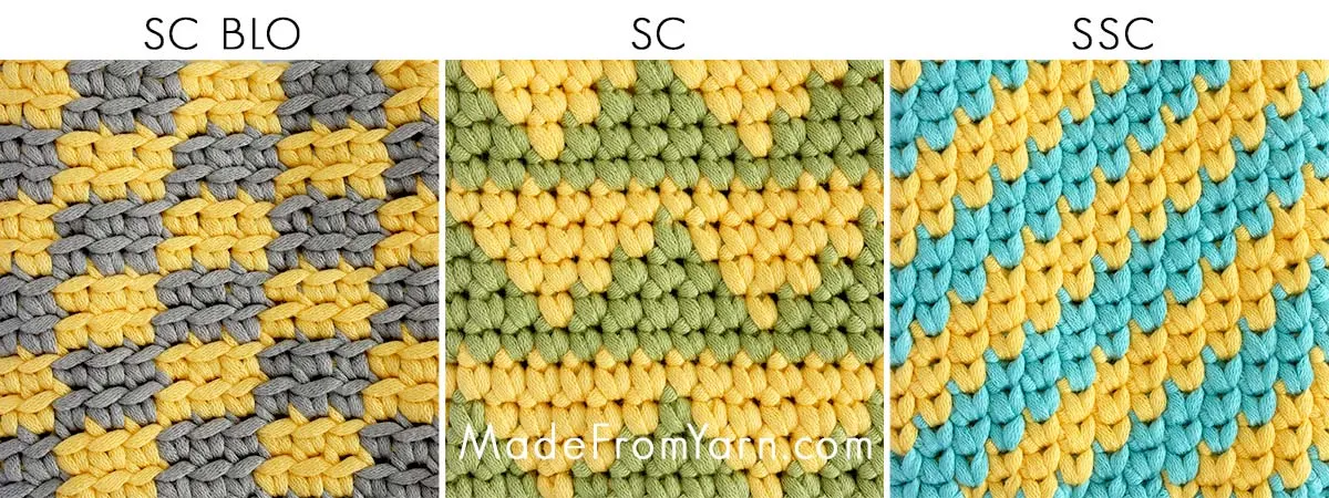 while single crochet in the two top loops is a staple, don’t forget that tapestry crochet works great with other stitches, too! You can use the back loop only (BLO), or Waistcoat Stitch (Ws) (Split Single Crochet, SSC).
